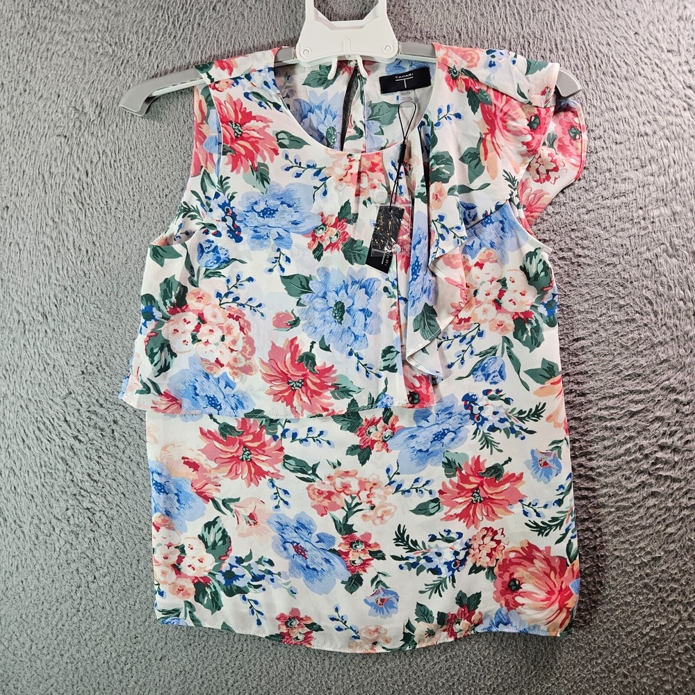 NWT Tahari Sleeveless Top‎ Women XS Red Blue Floral Print Flowy White